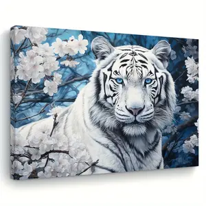 1 Piece Wooden Frame Canvas Painting, White Tiger, Animal Design, Living Room & Bedroom & Kitchen Artistic Wall Art Print, Home, Office Decoration, Holiday Gift