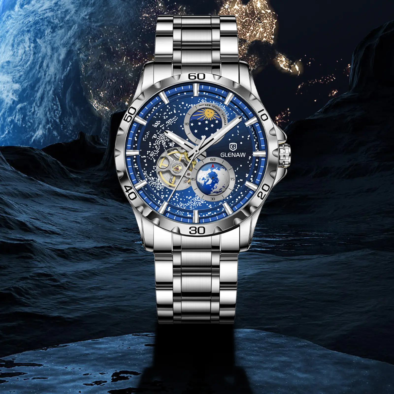 Glenaw Men's Automatic Mechanical Wristwatch, Rotating Earth Dial, Double Second Hand, Starry Sky Design, Water-Resistant Stainless Steel Watchband