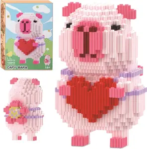 1498 Pcs Pink Capybara Micro Building Blocks, Cute Animal 3D Bricks Toy Holding Big Red Heart, High Difficulty Miniature Construction Set, Kawaii Room Desk Decor Valentine Birthday Gift for Girls Teens Adults