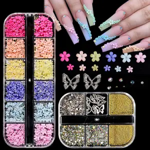 Fcozpjk 3D Flowers Nail Charms 3D Pink Pastel Acrylic Flower For Nails Gold Caviar Beads Nail Decorations Mixed Rhinestones Kit Crystal AB Color Gems Nail Diamonds Rhinestones for Women Craft Jewelry