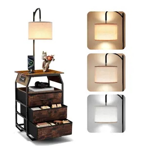 Floor Lamp With Table, 2-Tier End Table With 3 Drawers And 3 Color Temperature Lighting, Modern Nightstand And Bedside Desk With USB, Type-C And AC Charging Port For Living Room, Bedroom Or Dorm