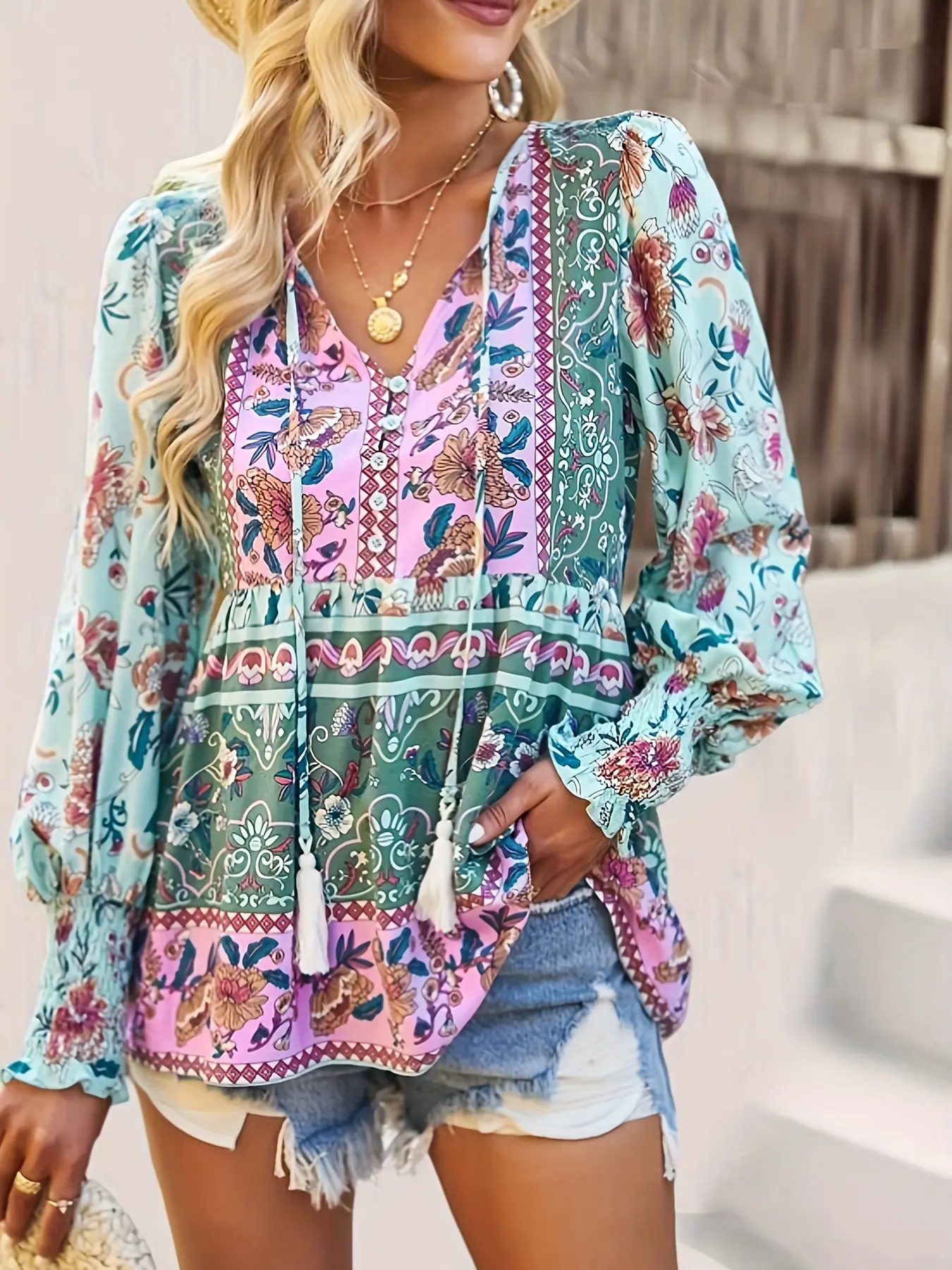A women's floral V-neck tie-front floral wide-sleeved long-sleeved Loose Fit Woven Boho Flowy Tops Ruffle Womenswear Blouse Top shirt with a bohemian beachy style Piece Casual Fashion Shirt Top Boho Blouses
