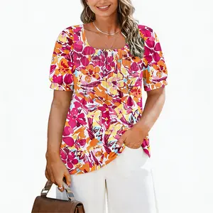 Womens Plus-Size Summer Puff Sleeve Square Neck Pleated Flowy Shirt‌ outdoorfun