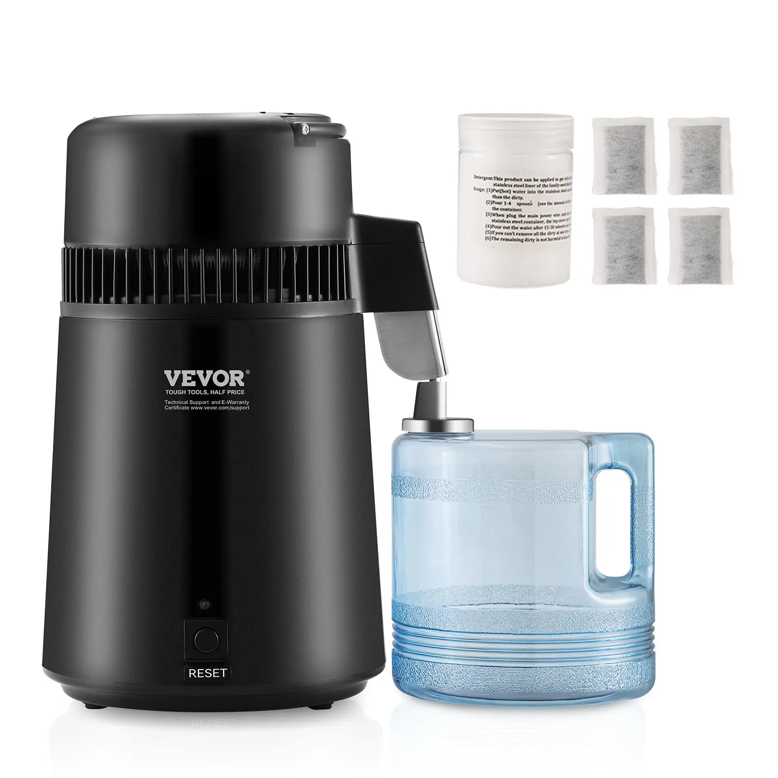【Summerfinds】VEVOR Water Distiller, 4L 1.05 Gallon Pure Water Purifier Filter For Home Countertop, 750W Distilled Water Maker, Stainless Steel Interior Distiller Water Making Machine to Make Clean Water, Black