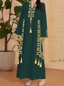 Women's Digital Print Geometric Dress, Middle Eastern Style Woven Fabric Long Sleeve A-Line Dress, Casual Fit Fashion for Spring & Fall Seasons Womenswear