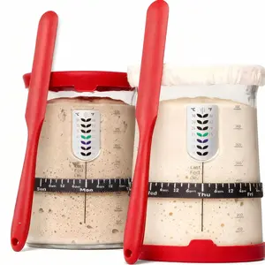 2pcs Advanced Professional Sourdough Bread Fermentation Set, 40oz Large Wide Mouth, Measuring Feeding Ring, Thermometer, Scraper, Cloth Lid, Silicone Base