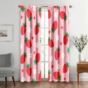 1Set/2pcs Cartoon Strawberry Curtains Kawaii Strawberry Floral Printed Curtains Kids Natural Flowers Blossom Theme Curtains Pink Window Treatments