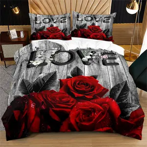 Rose Love Pattern Bedding Set, Zipper Closure, Soft Breathable Fabric, Easy Care Furniture, Bedroom Decoration