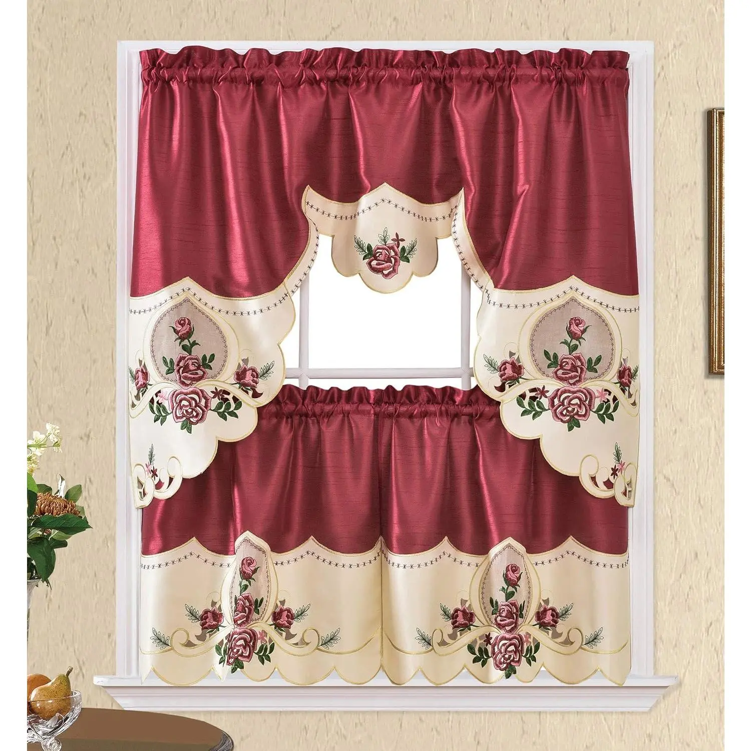 Rose Melody. 3 count Kitchen Cafe Curtain Set.Farmhouse Swag and 24 inches Tiers Set for Small Windows. Nice Matching Color Rose Embroidery  Border and Inserted Organza. (Burgundy)