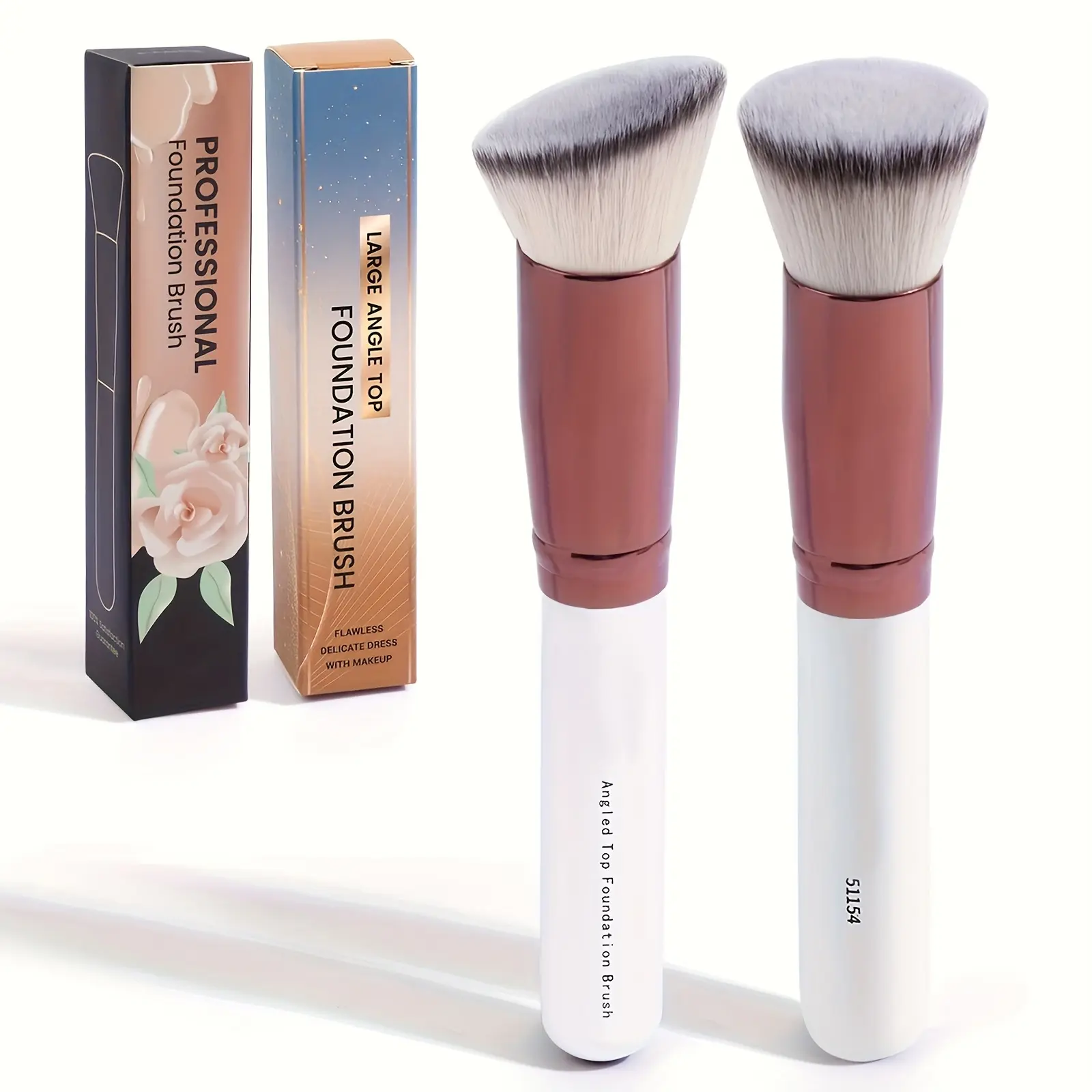 2pcs Deluxe Kabuki Makeup Brush Set with Soft Nylon Bristles & Angled/Flat Heads - Suitable for Foundation, Blush, Powder Application, Portable Paper Boxed for Travel, for Skin Types, Professional & for Use, Flawless Blending summerwins, Face Makeup