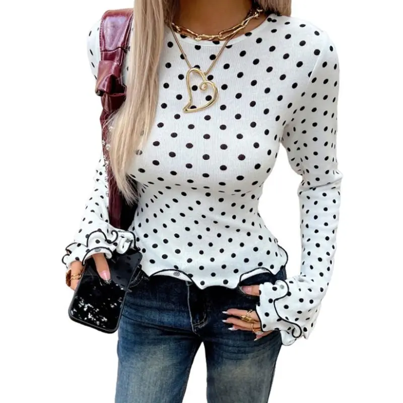 Dokotoo Long Flared Sleeve Tops for Women Casual Vintage Crewneck Printed Ruffle Slim Fit Blouse Fall Clothes