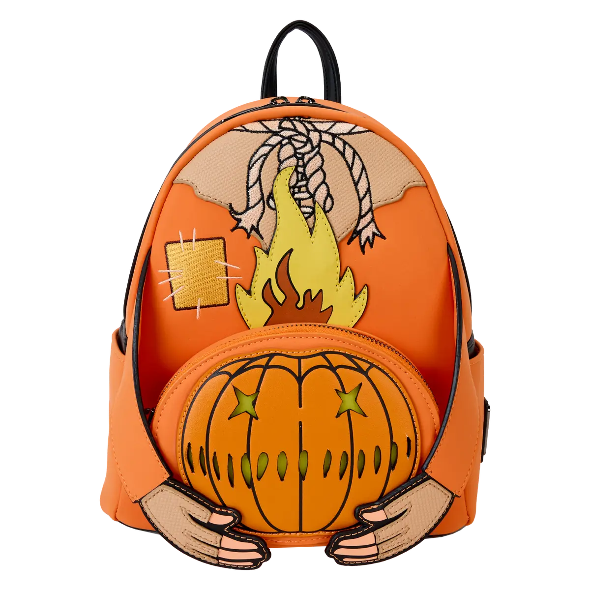 Trick 'R Treat Sam Vegan Leather Mini Backpack, Halloween Character Bag with a Light-Up Flaming Pumpkin and Glow Pocket, Backpack Bags, Led Backpacks