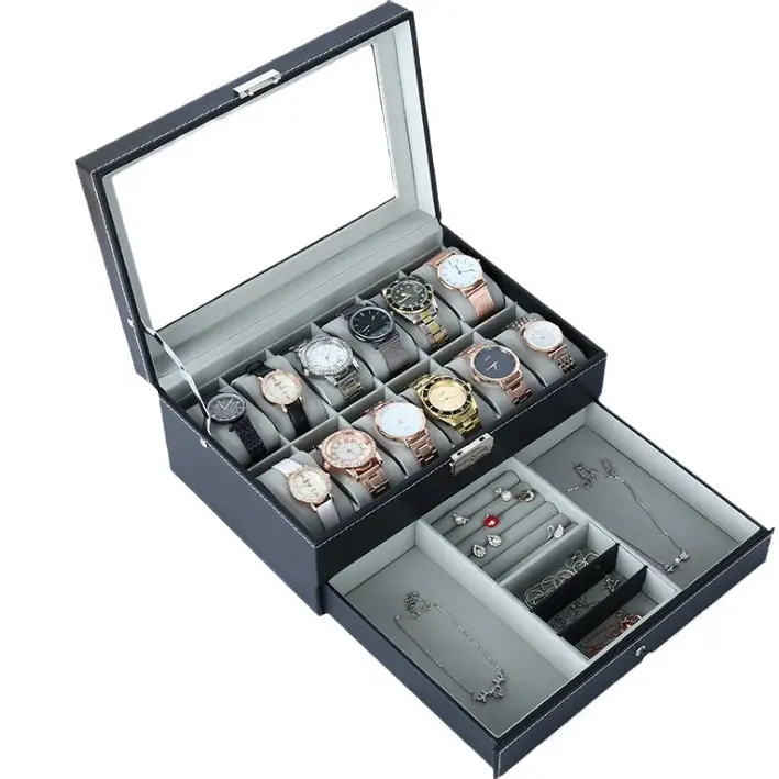 PU Leather Watch Box with 12 Slots - 2-Tier Organizer Stand, Removable Pillows, Secure Storage, Jewelry Drawer, Metal Clasp, Earrings Holder for Men & Women (Watches & Jewels Organizer)