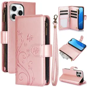 (Case & Nova.)Butterfly Embossed Zipper Wallet Phone Case, Multi-Card Slot Flip Shockproof Protective Cover for iPhone 16 Pro Max, 15, 14, 13 strap crossbody cute