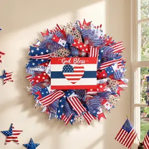 4th of July Patriotic Wreath: Front Door 24 Inch Red White and Blue Wreaths 250 Anniversary USA Outdoor Decorations - Fourth of July America Summer Wreath with Hanger for Home Party Gift