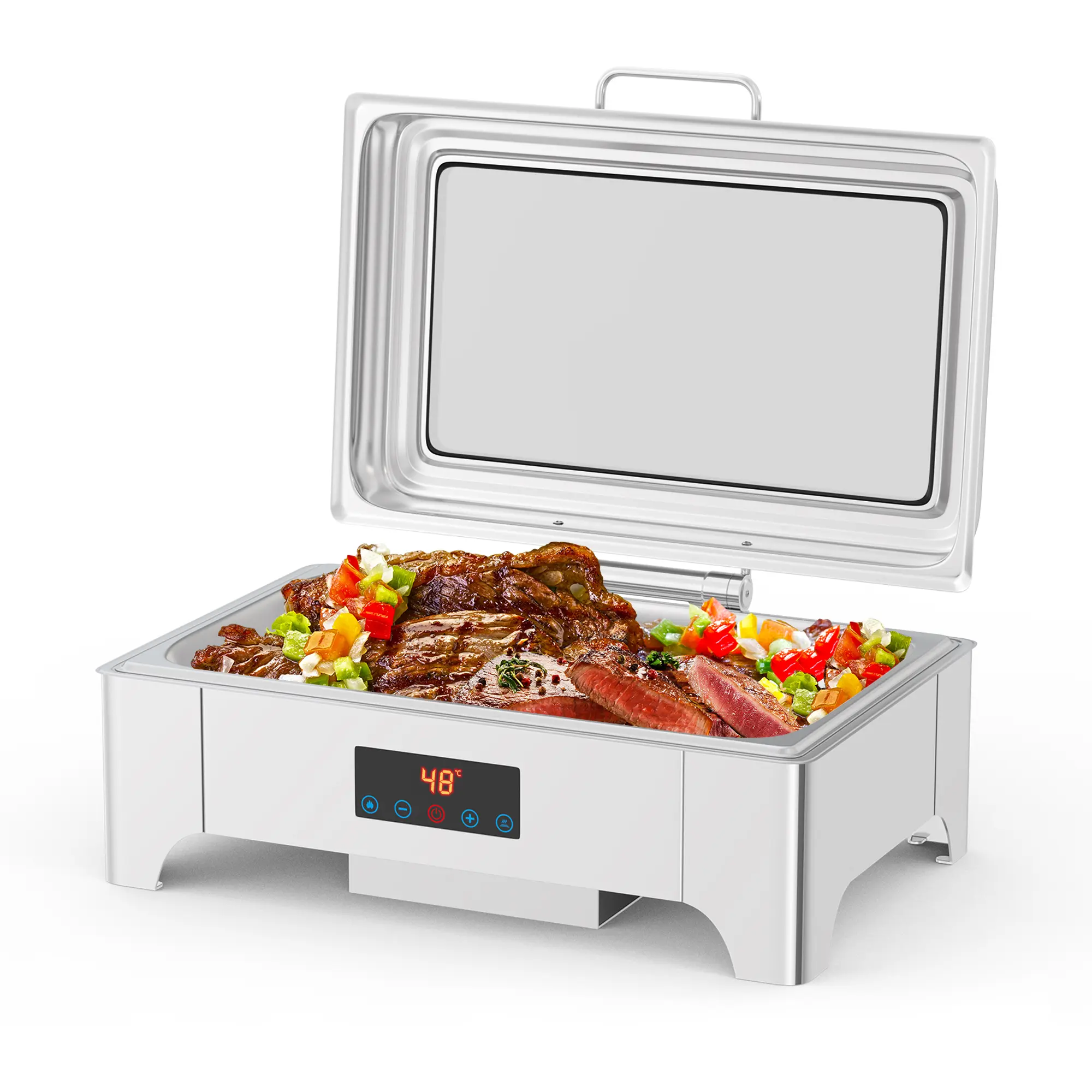 9QT Electric Chafing Dish - Full Size Buffet Food Warmer, Adjustable Temperature, Real-Time Display, Roll Top Glass Lid, Commercial Stainless Steel for Catering