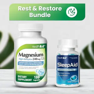 HealthA2Z Rest & Restore Bundle - Sleep Aid Diphenhydramine 50 mg (100 Softgels, Pack of 1) + Magnesium Glycinate 240 mg (180 Capsules, 3-month Supply, Pack of 1) - Restful Sleep, Stress, Mood & Energy Support