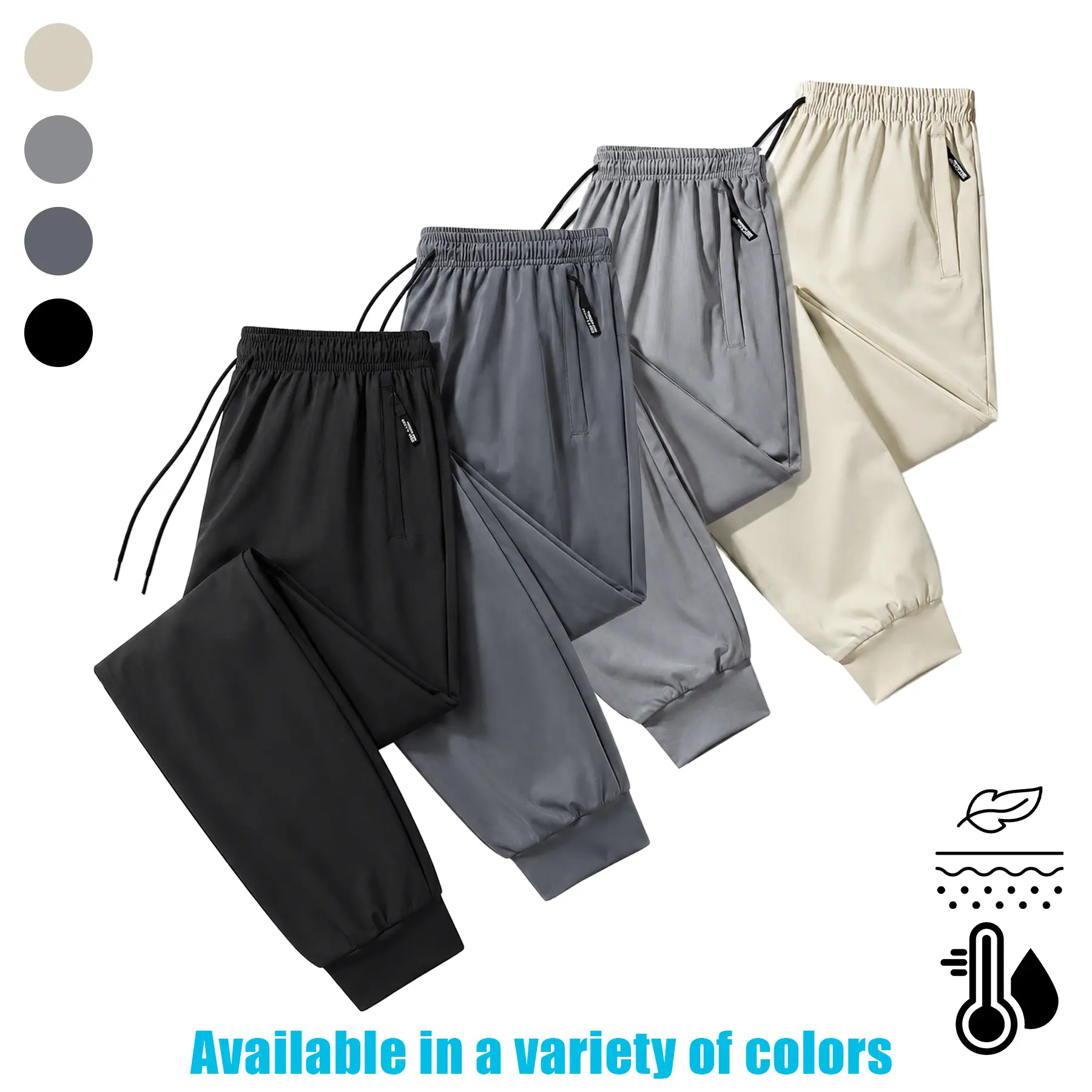 Men's Minimalist Cuffed Athleisure Pants, 4-Way Stretch Quick-Dry Joggers with Zip Pocket and Adjustable Drawstring Waist for Summer Athletics, Elastic Waist Joggers