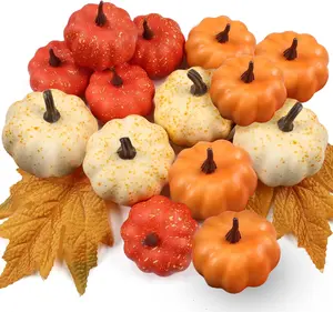 16 count Artificial Mini  Pumpkins Set with Fall LeavesFoam Plastic Carvable DIY Small White Craft Pumpkins Decor for Thanksgiving Halloween  Fall Porch Table Decor