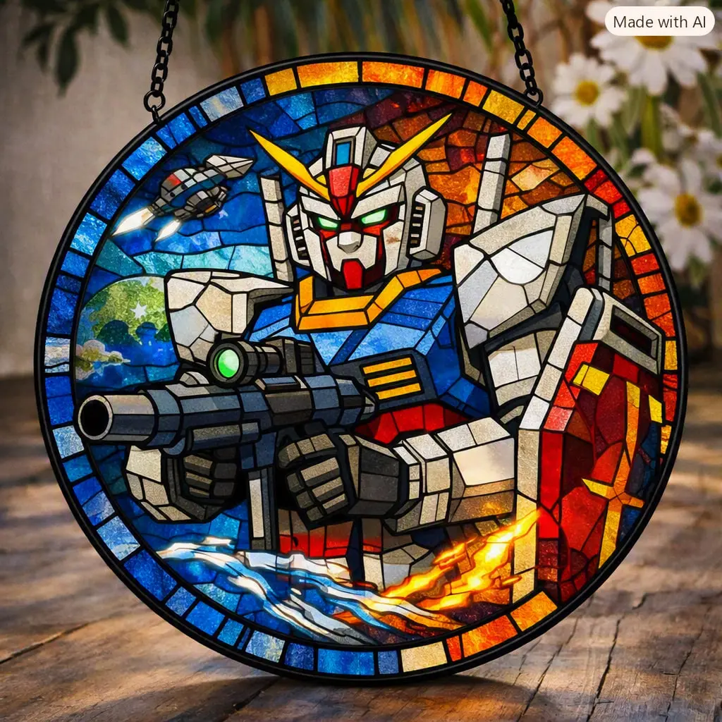 Gundam RX-78-2 Stained Glass Suncatcher Window Hanging Panel Art Decor Mobile Suit Gunpla Anime Mecha Otaku Room Wall Decor Acrylic Round Ornament Gift