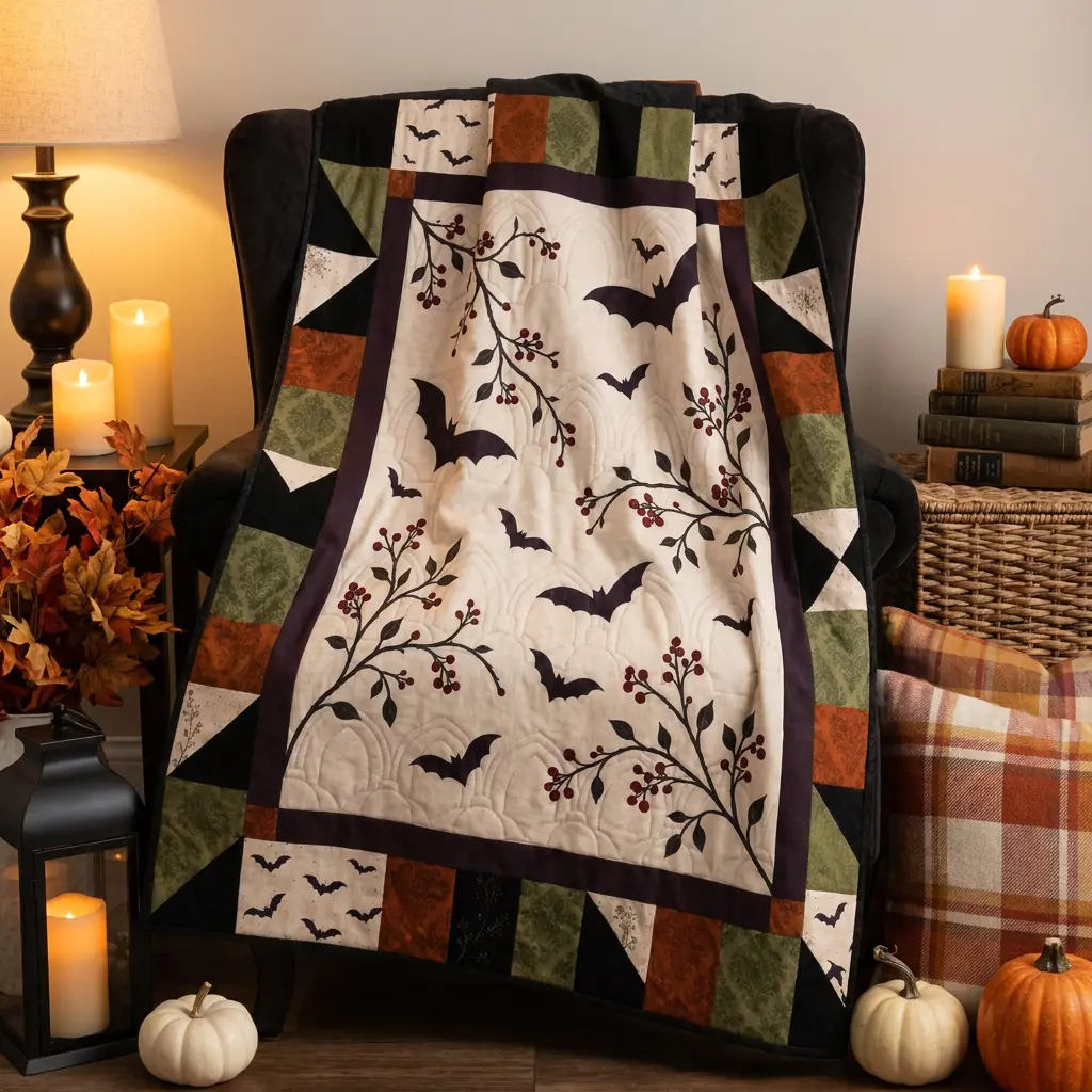Halloween Bat Quilt Blanket, Vintage Flying Bats Patchwork Floral Cozy Autumn Bedding Throw, Fall Decor 2026, Vintage Halloween Decor 2026, 90s Halloween Decor