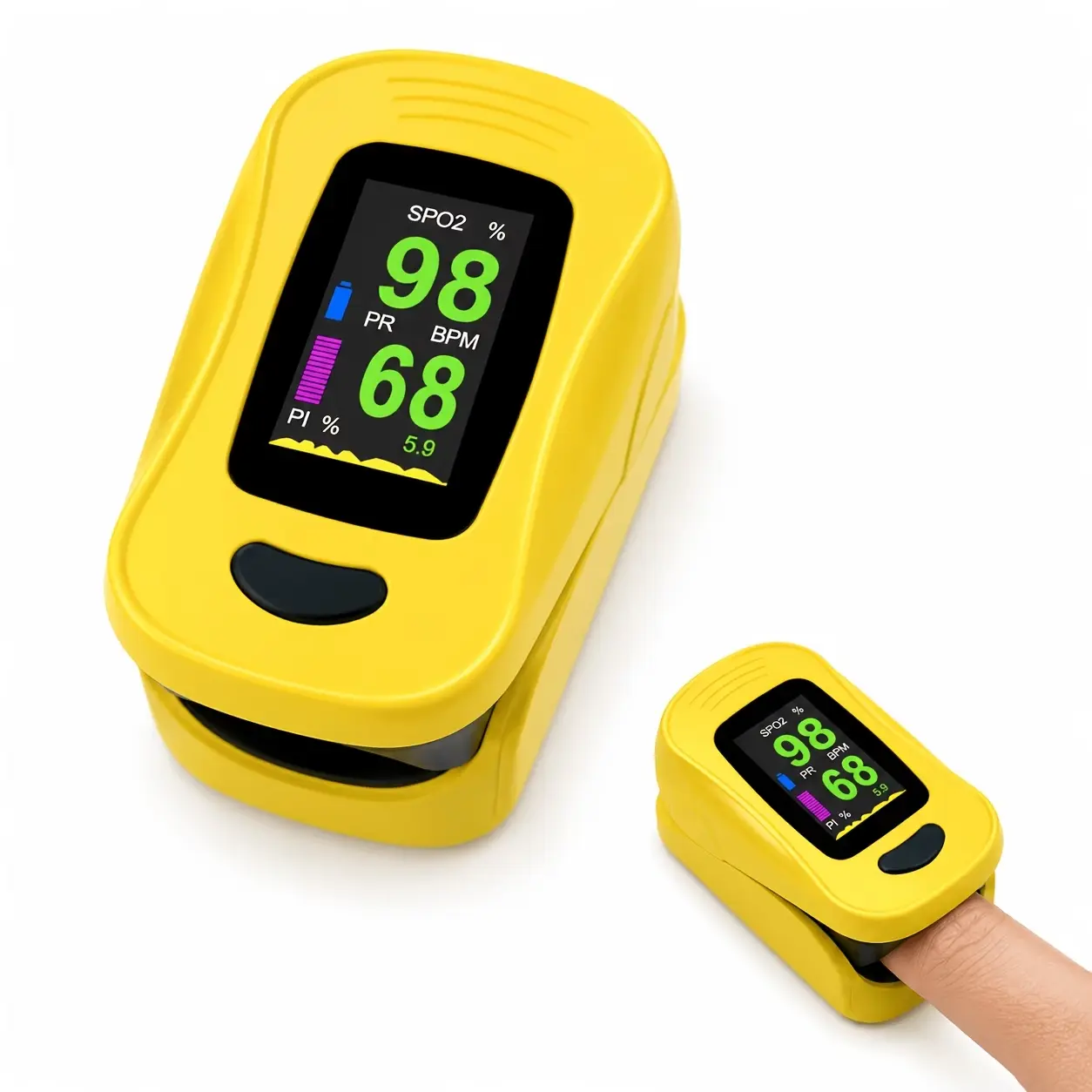 Vibrant Yellow Portable Finger Pulse Oximeter - 8s Fast Results, Clear OLED Display, Universal Fit , Lightweight Status Tracker with Lanyard for Home, Office, and Travel