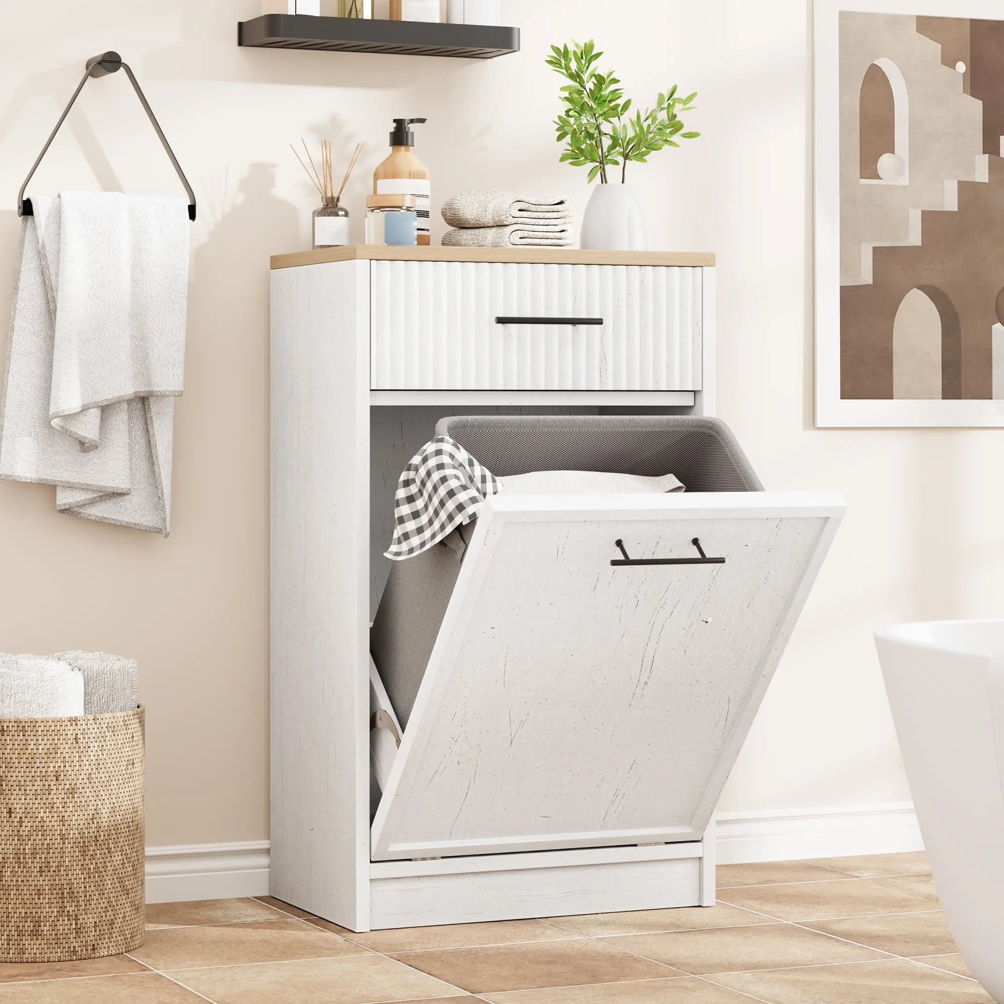 Fluted Trash Cabinet, Tilt‑Out Hidden Trash Can Cabinet, Pet‑Proof Trash Bin Cabinet w/ 10 Gallon Storage for Kitchen, Dining Room
