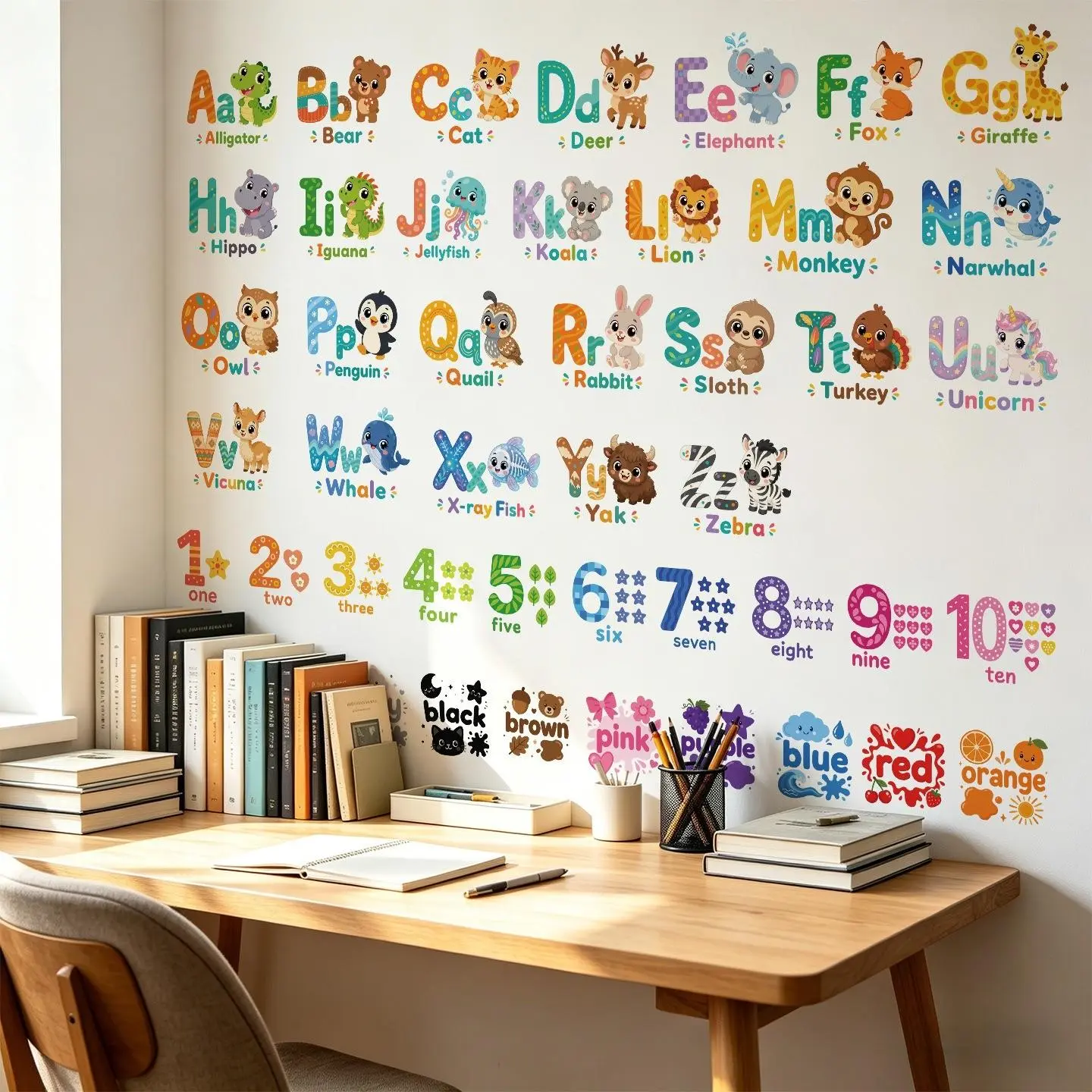 Animal Alphabet Numbers Colorful Wall Decals, Decorative Sticker, Peel and Stick Removable Stickers for Kids, Educational Room Decor for Classroom and Nursery, Decoration Items