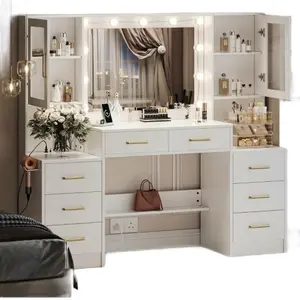 58.3”Vanity Desk with Mirror and Lights & Charging Station,Bedroom Dressing Table,Large Vanity Set,8 Drawers and 2 Cabinets,Makeup Vanity Table with Charging Station, Without Stool