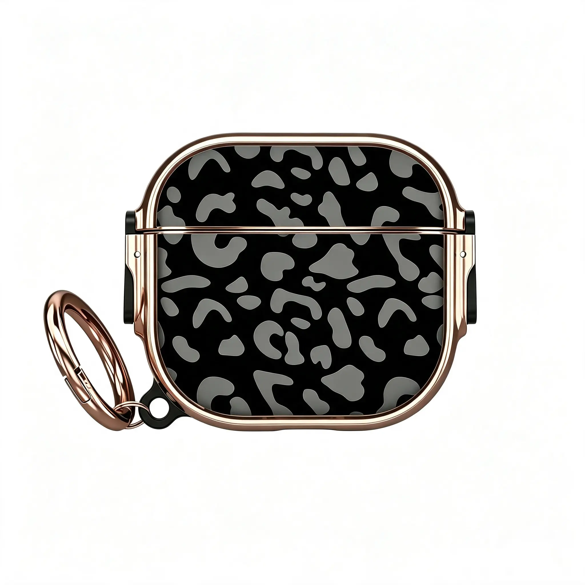 Trendy black-gray leopard print | Full wrap luxury rose gold trim | Anti-lost metal ring included | Glossy scratch-proof coating | Fits AirPods Pro3 & 4 | Charge without case removal | Shockproof & easy to install