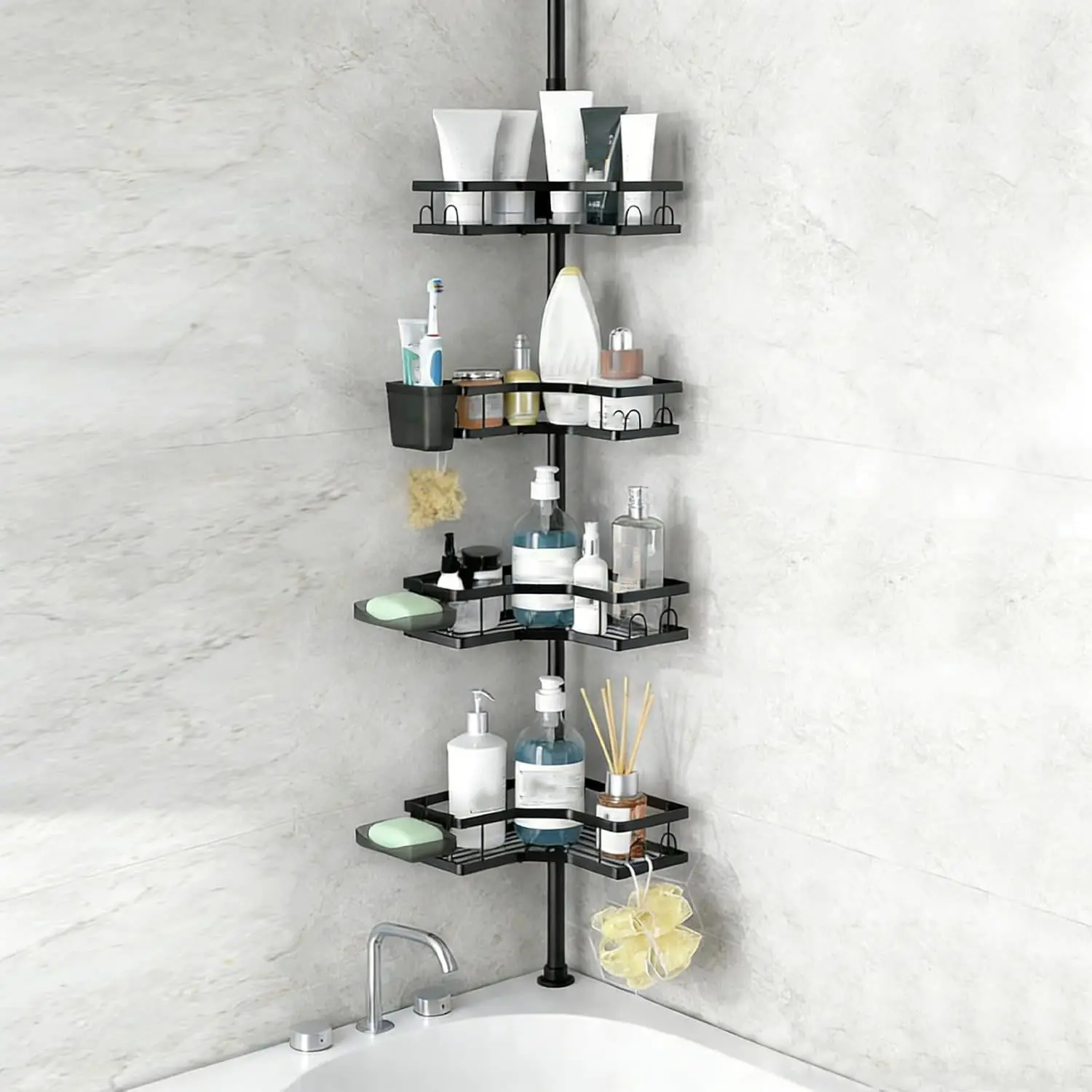 4-Tier Hollow Corner Shower Caddy Set with Tension Pole - Durable Rustproof Adjustable Floor-Standing Bathroom Organizer with Waterproof Surface, Orderly Shampoo Placement, for Families, Laundry Room, Keeps Walls Smooth