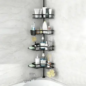 4-Tier Hollow Corner Shower Caddy with Tension Pole - Rustproof Adjustable Floor-Standing Bathroom Organizer Shelves for Soap, Toothbrush, Bathtub Storage Accessories