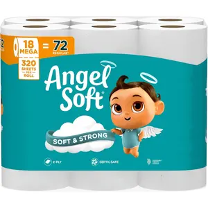 Angel Soft Toilet Paper 18 Mega Rolls 2-Ply Soft Strong Septic Safe Unscented Bathroom Tissue Bulk 320 Sheets Family Pack Home Essentials