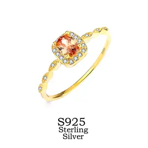 Vintage Princess Cut Ring – 925 Sterling Silver 14K Gold Vermeil Champagne Cubic Zirconia, Elegant Engagement Wedding Stackable Ring for Women, Perfect Gift for Her Dates Parties