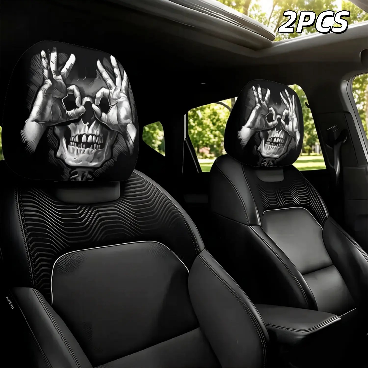 2Pcs Skull Hand Gesture Printed Car Headrest Covers, cool trendy interior decor. Washable durable protective cover fits cars, trucks and SUVs. Simple installation, stylish pattern elevates car look, great accessory for long distance travel use homedecor