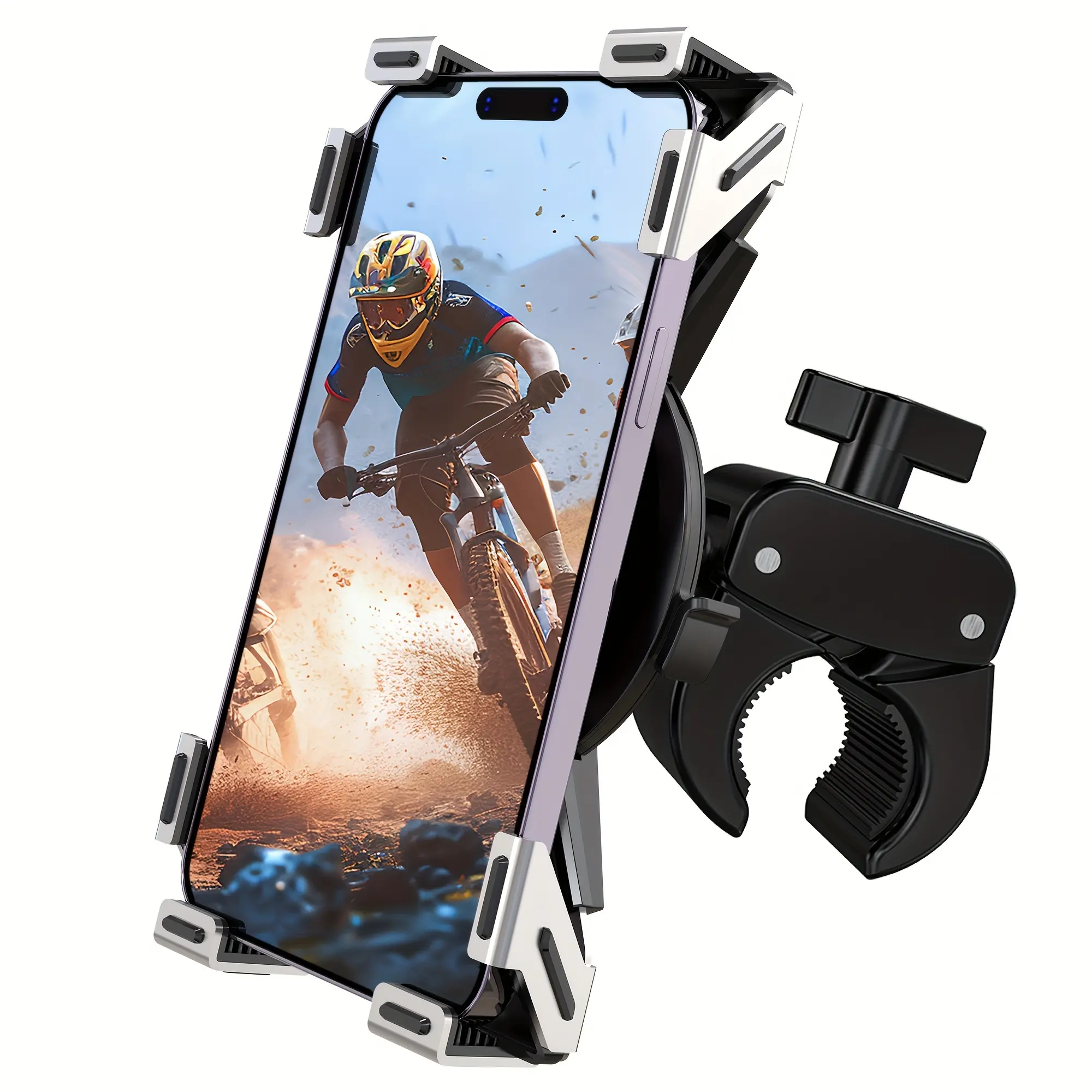 IPOW Bike Phone Holder, Adjustable Motorcycle Phone Mount, 2026 Upgraded Motorcycle Handlebar Phone Clamp, Scooter Phone Clip Compatible with iPhone 14 Plus/Pro Max, 13 Pro Max, S23, S22 Cellphone Silicone Grip Installation Smartphone Stand
