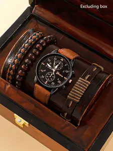 Men's Business Round Dial Analog Quartz Watch & Bracelet Set, Vintage Watch Set for Party, Daily Clothing Decor, Trendy All-match & Exquisite Watch Set for Birthday Gift