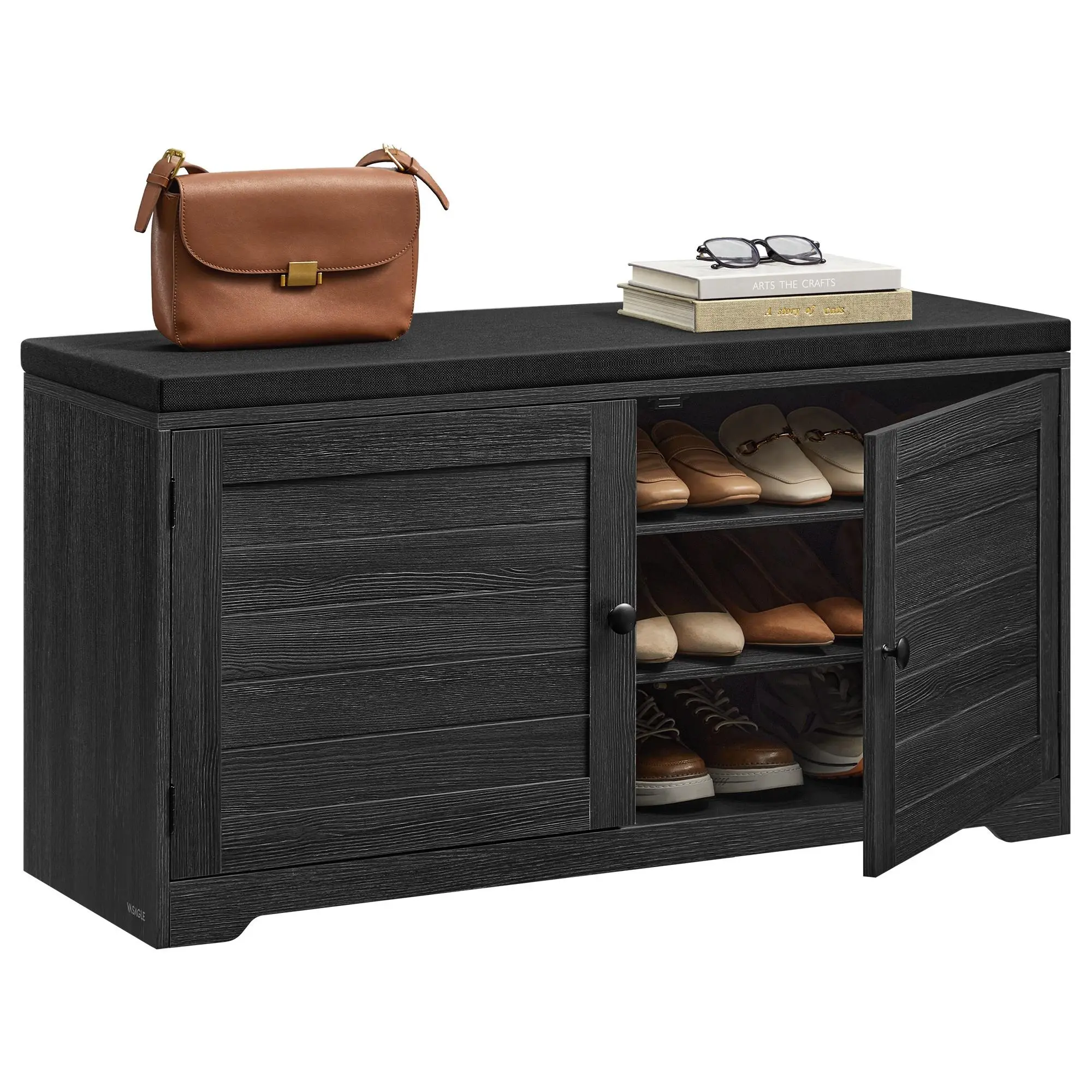 VASAGLE Shoe Storage Bench with Cushion, 3-Tier Entryway Bench with Padded Seat, Doors, Adjustable Shelves, 14 x 39.8 x 20.7 Inches, Hallway, Bedroom