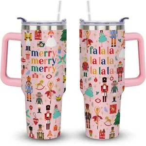40 oz Stainless Insulated Reusable Nutcracker Christmas Tumbler - Vacuum Flask Set with Handle, Lid, Straw, Insulation, Plastic Flask, Ballet Gift for Dancers, Girlfriend (Pink, 1 Piece)