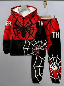 Boys' Spider Web 3D Print Hoodie Set, Clothing Sets, Spring & Fall Casual Two-Piece, Loose Fit Long Sleeve Top + Sweatpants, 5-14 Years, Clothes Kids