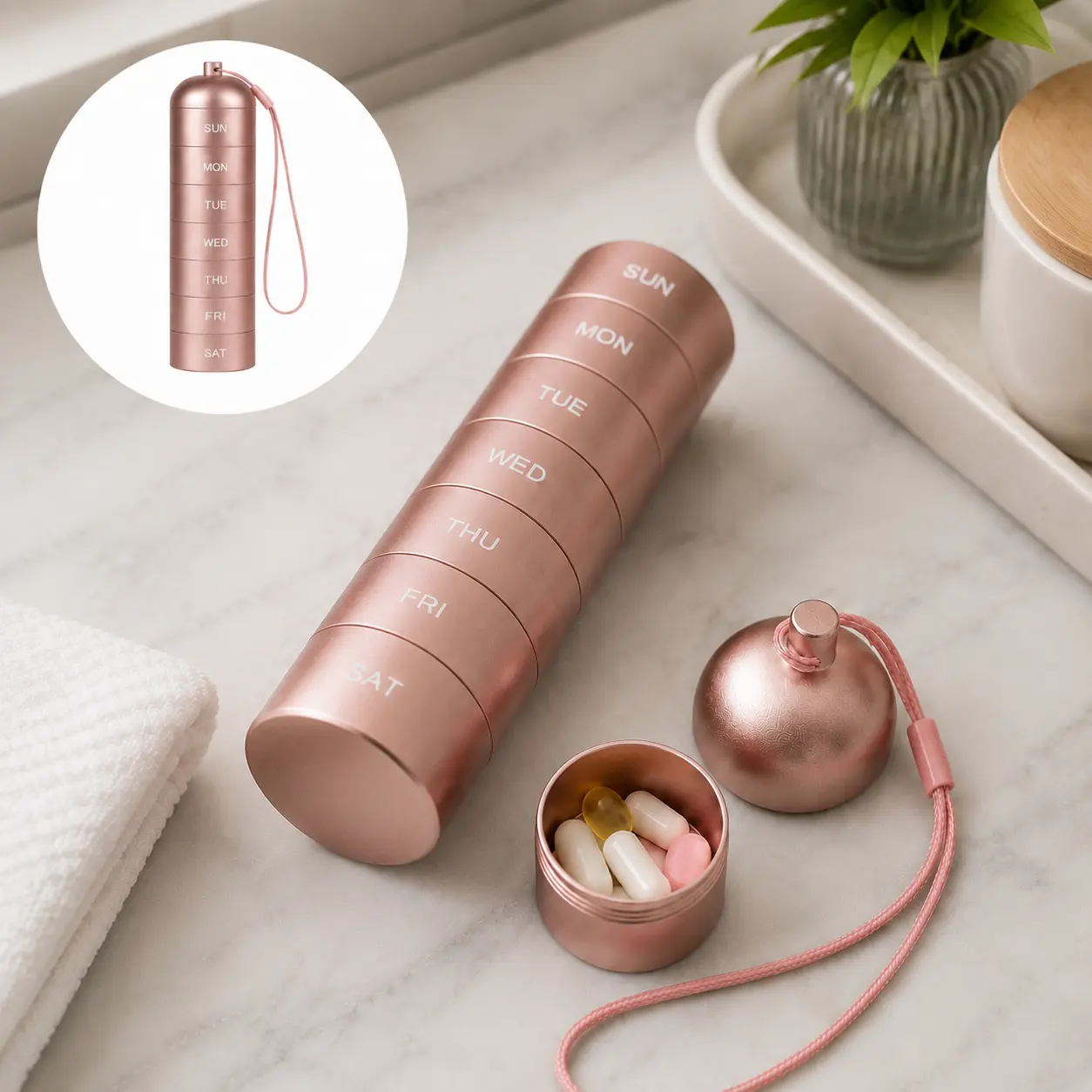 7-Day Metal Aluminum Alloy Pill Organizer with Twist-Lock Compartmental Case, Portable Vitamin Holder with Wrist Strap for Travel & Daily Medication Storage (Adults)