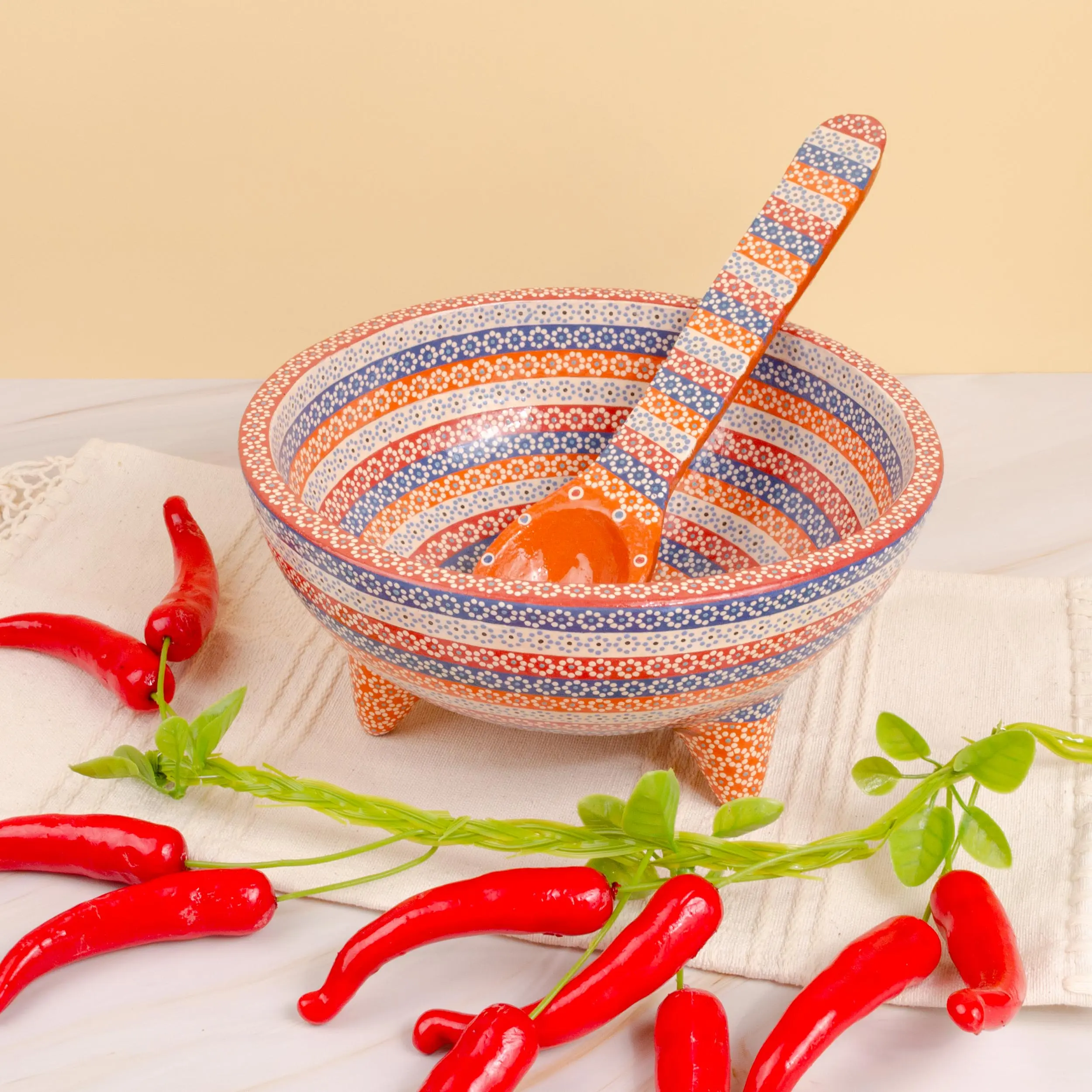 Handmade Artisan Ethnic Pattern Clay Set - Colorful Unique Paint Pieces with Large Capula Molcajete Bowl, Matching Spoon, Kitchen Serving Tableware, Ideal Housewarming Gift Collectible