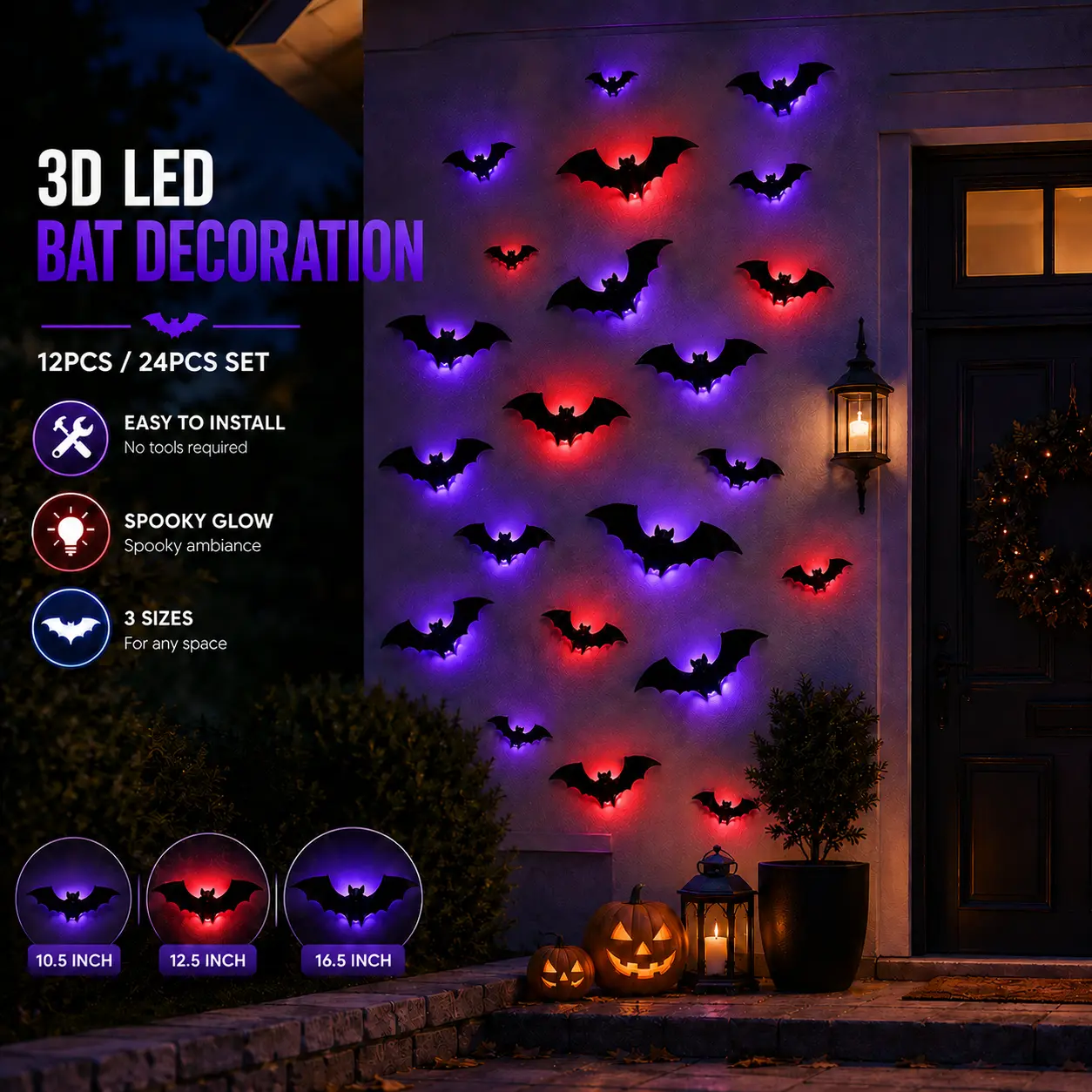 3D Bat Light LED Decorations, 12pcs/24pcs Halloween Spooky Ornaments, Bendable Wall Stickers with Smooth Bubble-Free Application, Easy Install Battery Powered Glowing Decor, Non-Remote Indoor Decor for Home, Party, Window, Door, Festival