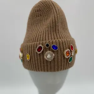 Unisex Chunky Stone Beanie - Fashion Accessory Handmade Rhinestone Beanies Knitted Hat