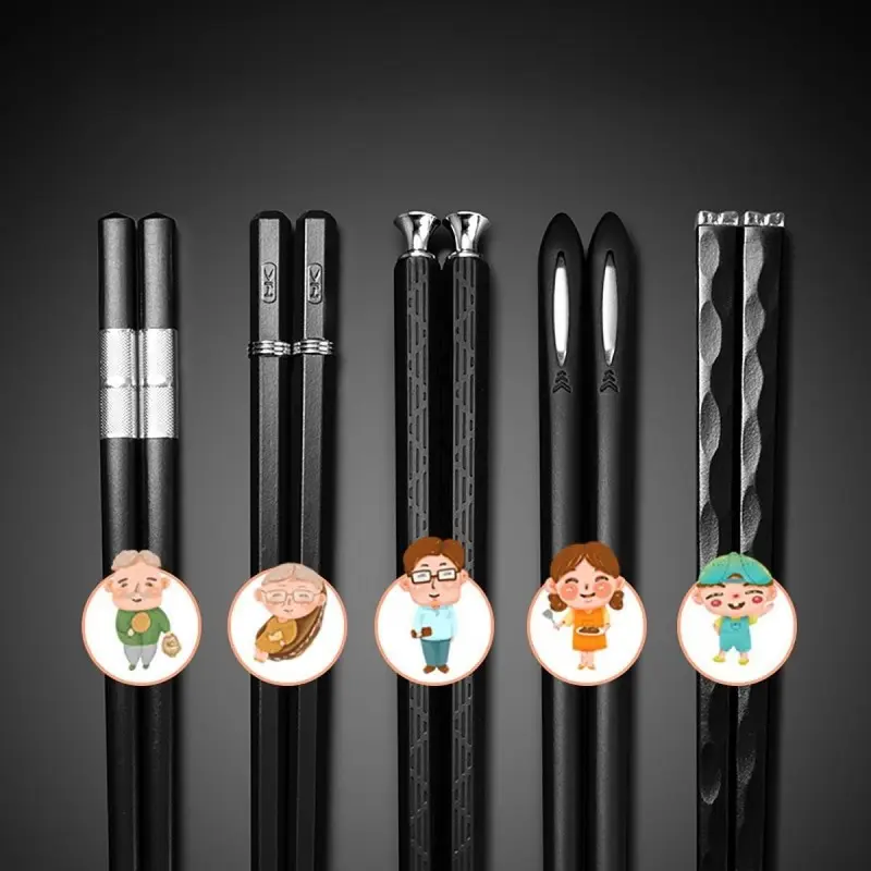 5 pairs of food grade PET+glass fiber alloy polymer laser engraved Japanese metal chopsticks, square edge anti slip cutting rod packaging reusable alloy chopsticks set