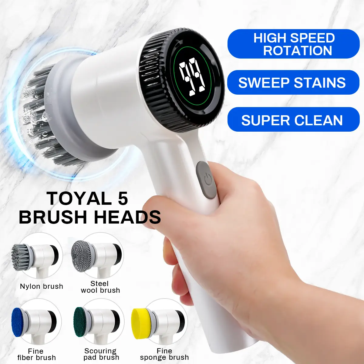 Multifunctional Electric Spin Scrubber – 5 Replaceable Brush Heads, 3 Adjustable Speeds, Cordless, Extendable Handle, Rechargeable Cleaning Brush for Floors, Tiles, Bathroom – Household Essentials