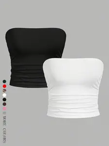 Women's Simple Comfortable Casual Off-Shoulder Tube Top, Y2K Fashion Sexy Vest, Short Waist Design, Set, Summer Wear, Party Home