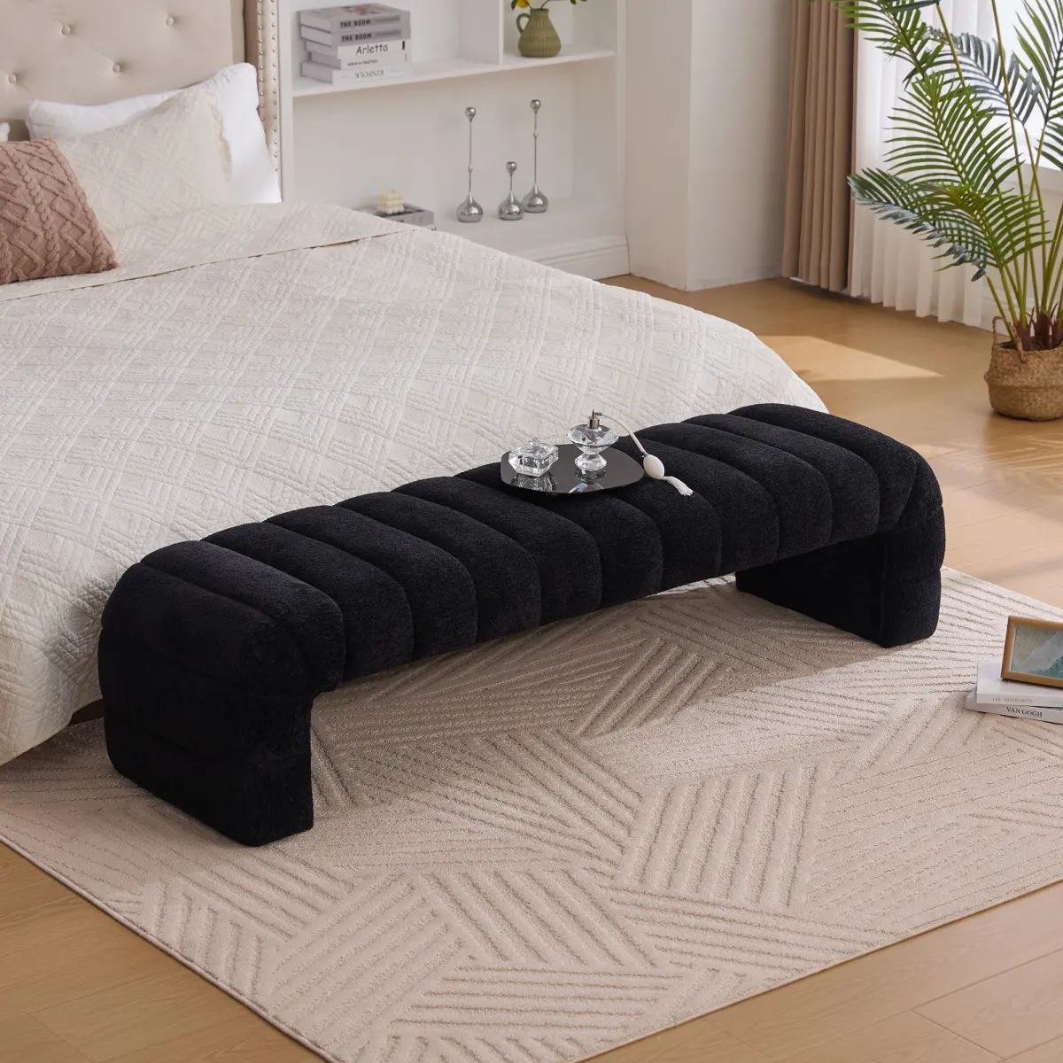 69.7"Wide Modern Upholstered Armless Bed Bench, Channel Tufted Couch Daybed Chaise, Chenille Ottoman Foot Stool for Living Room and Bedroom, Entryway