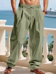Men's Linen Fabric Wide Leg Pants Trouser, Elastic Drawstring Waist Pleated Design, Beach Vacation Yacht Travel Tropical Summer Casual, Lightweight Breathable Comfort, Casual Fashion Bottoms