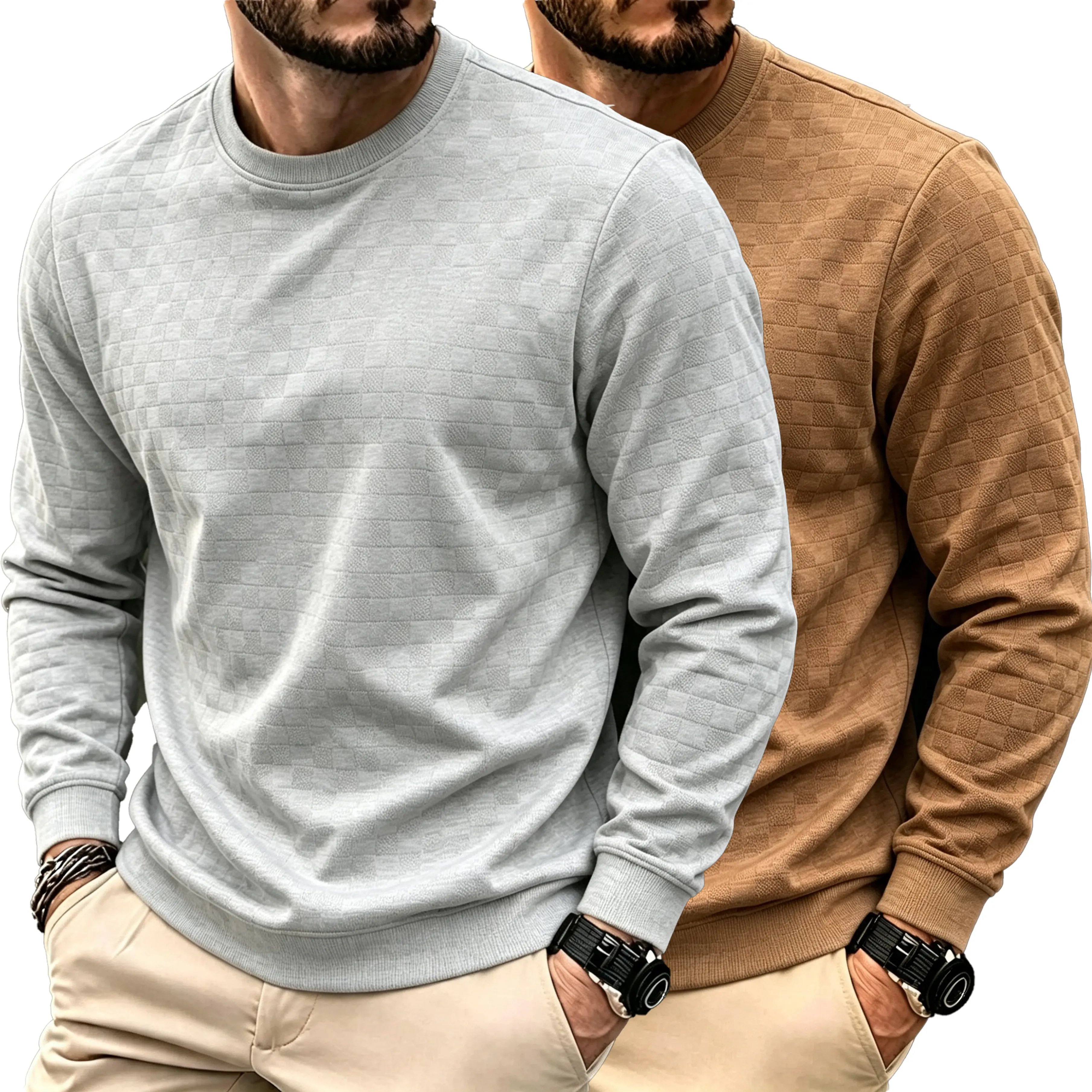 Men’s white waffle-knit sweater with a crew neck and long sleeves, soft and breathable—ideal for casual spring wear, office settings, and everyday use. Slim fit with ribbed cuffs/hem; warm feel, classic design. Great gift for Dad.